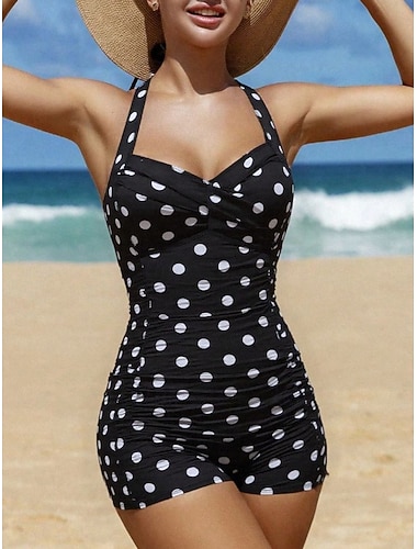  Damen Badeanzug Einteiler Monokini Bademode Bauchkontrolle Hohe Taille Schlank Rückenfrei Urlaub Vintage Tupfen Neckholder Ärmellos Badeanzüge