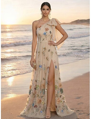  A-Linie Bodenlang Maxidress Partykleid Cocktailkleid Abendkleid Elegant Vintage Glitzernd Ärmellos Ein-Schulter Formell Hochzeitsgast Chiffon Baumwollmischung mit Schleife(n) Paillette Perlenbestickt