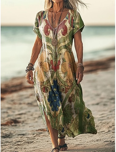  Per donna Abito Midi Vestito Estivo Vestito T-Shirt Abito a trapezio Vacanza Casual Spiaggia Uscire Vestibilità regolare Grafico Tribale Manica Corta Scollo a V Blu Rosso Verde Estate Primavera