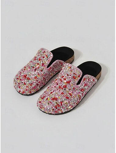  női rózsaszín csillámos bebújós papucs – csillogó strasszokkal díszített kényelmes klumpa, könnyű, párnázott lapos talpú cipő nyaraláshoz, kerti partikra, fesztiválokra &stílusos mindennapi viselet