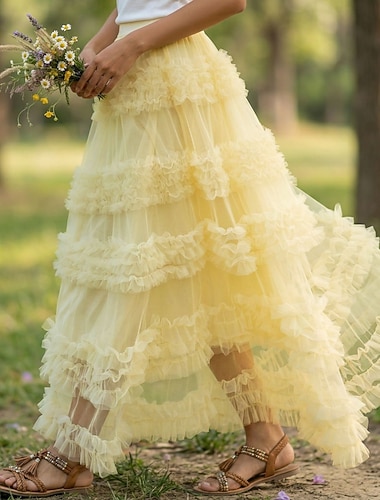  Damen Urlaubsrock Vintage Mode Niedlich Prinzessin Maxi Mittlere Taille Röcke Einfach Gerafft Patchwork Geschichtet Mikroelastisch Täglich Abschlussball Blau Apfel Grün Hellgelb Kamel Sommer 100