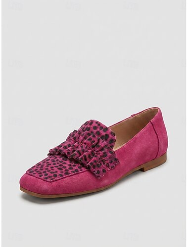  Mocassins en daim rose pour femme avec accent léopard – chaussures plates confortables pour le quotidien, les sorties décontractées et le bureau