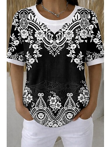  Dames Wafel T-shirt Gebreide tops met textuur Zomer tops Afdrukken Grafisch Geometrisch Stijlvol Klassiek Korte mouw Strakke ronde hals Ronde hals Lange tops Casual Dagelijks Zwart en wit Zwart