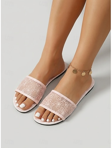  Romantische roze damessandalen met hartjesmotief en mesh details - schattige, geborduurde platte slippers voor luxe hotelvakanties en stranduitjes. &zomerresort luieren