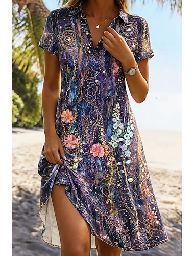  Damen Knielanges Kleid A Linie Kleid Urlaub Lässig Boho Strand Normale Passform Blumen Grafik Kurzarm V Ausschnitt Purpur Sommer Frühling