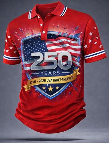  4 يوليو 2026، الذكرى 250 رجالي علم الولايات المتحدة الأمريكية قمصان البولو كم قصير قمصان البولو قميص بياقة كاجوال ملابس الرياضة طباعة ثلاثية الأبعاد Buttons خامة شبكية تسمح بمرور الهواء للربيع والصيف