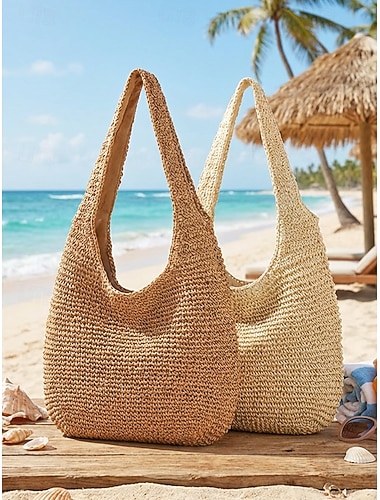  Sac cabas bohème tissé pour femme, grande capacité avec fermeture éclair, sac bandoulière léger en paille tressée blanc cassé &kaki, parfait pour des vacances à la plage &vêtements décontractés de