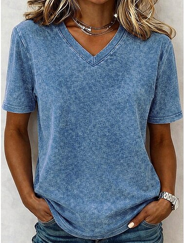  γυναικείο μπλουζάκι βαμβάκι με οξύ vintage μόδα κομψό κοντομάνικο ντεκολτέ με V κανονικό μπλουζάκι casual καθημερινό έξοδος μπλε μωβ / μπλε μαύρο μωβ πορτοκαλί καλοκαίρι άνοιξη
