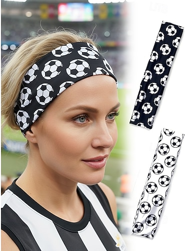  Bandeau élastique en polyester pour femme, imprimé football, noir et blanc, idéal pour encourager les supporters les jours de match, soutenir le stade, ou pour une tenue de sport décontractée au quotidien.