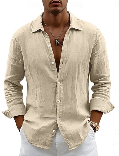  Herren Hemd Leinenhemd Sommerhemd Strandhemd Einfach Lässig Urlaub Schwarz Weiß Gelb Marineblau Langarm Umlegekragen Sommer Frühling Bekleidung Tasche