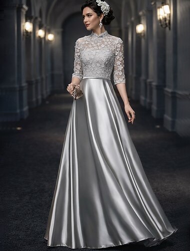  Linea ad A Lunghezza al pavimento Abito da invitata a nozze Abito Formale Abito da sera Abito da cerimonia per signora Mezza Manica Collo Alto Elegante Vintage Ospite di nozze Ricevimento di