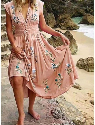  dames midi-jurk bohemian v-hals bloemenborduurwerk elastische taille trekkoord korte mouw strandvakantie roze comfortabele normale pasvorm casual zomerkleding kleding