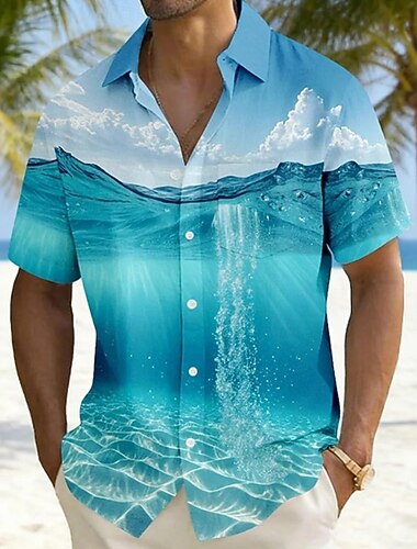  Herren Ozean Meerwasser Sommer Hawaiihemd Knopfhemd Alohahemd Kurzarm Hawaiianisch Strandurlaub Sommer Frühling Umlegekragen 3D-Druck Hemden mit Kragen Eine Tasche vorne Blau Blau 2# Blau 1#