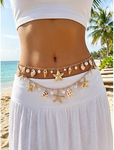  dobbel midjekjede i bohemsk stil for kvinner, skallmateriale i legering, anheng med sjøstjerner og skjell, strandferie, hverdagsklær, sommerfestivaltilbehør