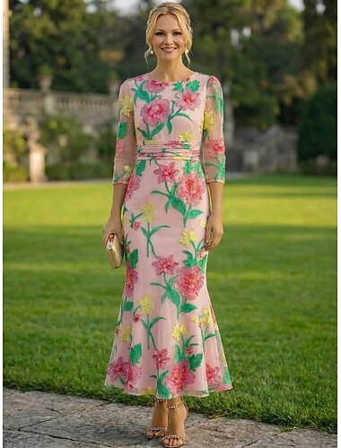  Åtsmitande Ankellång Festklänning Cocktail klänning Cocktailklänningar Elegant Vintage Blommig 3/4 ärm Rund hals Formell Bröllopsgäst Organza med Broderad blomma Veckad