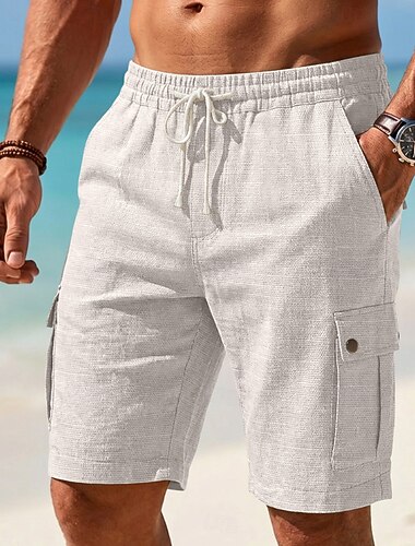  Herr Cargo-shorts Linne Shorts Sommarshorts Beach Shorts Snörning Elastisk midja Lastficka Färgblock Slät Enfärgat Komfort Andningsfunktion Knelängd Ledigt Dagligen Strand Semester Mode Blå Svart