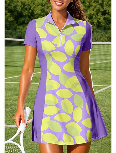  نسائي النباتية فستان تنس فستان رياضي فستان بولو للتنس كم قصير ربع الرمز البريدي مطاط يلف العرق متنفس الكرة الطائرة تينس الغولف طوي الفساتين أرجواني ملابس التنس