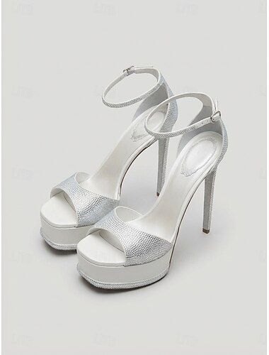  صندل زفاف أبيض بكعب عالٍ مفتوح من الأمام مع حزام للكاحل، مناسب لحفلات الزفاف والمناسبات الرسمية. &الاستقبال