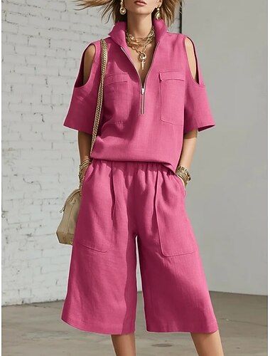  Dames Trainingspak Shorts Sets 3/4 mouw Overhemdkraag Effen Kleur Vetoketju Modieus Streetwear Dagelijks Casual Dagelijks Buiten Zwart Wit Geel Zomer Normale pasvorm