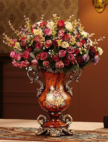  Sada vintage květinových aranžmá z evropské umělé pryskyřice, váza z umělé květiny, luxusní bytová dekorace v evropském stylu, stolní květinové aranžmá do obývacího pokoje, kanceláře, hotelu, vstupní