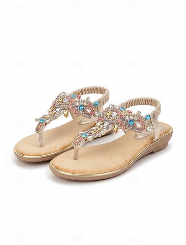  sandale plate de damă auriu cu strasuri – sandale boeme elegante cu curea în T pentru vară, vacanțe la plajă și ieșiri casual