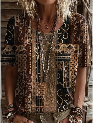  Dames T-shirt Afdrukken Bloemig Grafisch Planten Vintage Stijlvol Casual Korte mouw V-hals Normale tops Casual Dagelijks Weekend blauw Geel Rood Bruin Zomer Lente