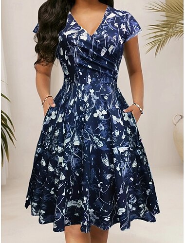  Damen Minikleid Wickelkleid A Linie Kleid Figurbetontes Kleid Formell Kappe Täglich Büro Normale Passform Blumen Grafik Kurzarm V Ausschnitt Blau Purpur Sommer