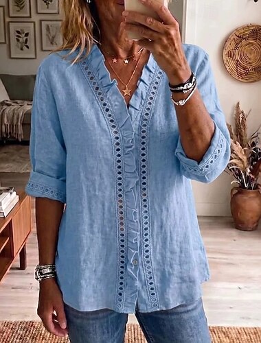  Pentru femei Cămașă Peteci Brodat Culoare solidă Simplu Elegant Boemia Vacanță Răsfrânt Topuri lungi Casual Albastru piscină Galben Roz Îmbujorat Vară Primăvară