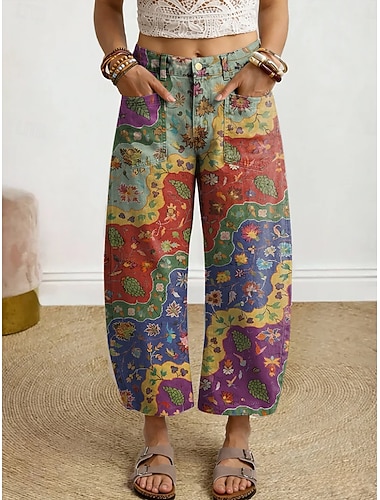  Dam Brett skaft Byxor Beskurna byxor Semester Vintage Ledigt Ankellång Hög midja Grafisk Geometriska mönster Tryck Bekväm Komfort Mateial som andas Oelastisk Dagligen Utomhus Gata Rodnande Rosa Grön