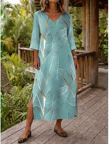  Damen Maxikleid Boho-Kleid Shiftkleid Sommerkleid Strandkleid Bohemien Urlaub Ethnisch Strand Ferien Date Lässiger Schnitt Grafik Abstrakt Dreiviertelarm V Ausschnitt Blau Himmelblau Purpur Grün