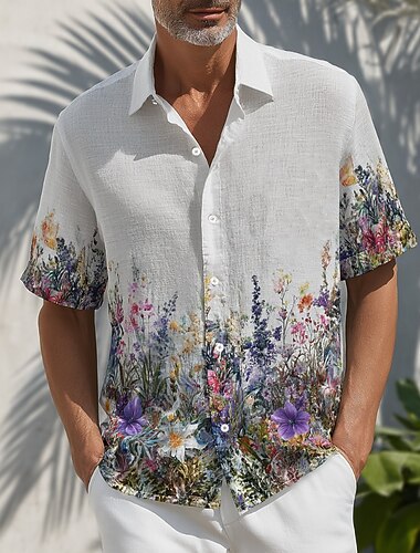  Herr Blomtryck Tropiska blommor Skjorta Hawaii skjorta Tropiska skjortor Kortärmad Hawaiisk Tillflykt Semester Vardag Standkläder Sommar Vår Nedvikt 3D-utskrift Linne som skjorta Blå Kaki Grå