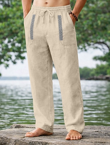  Voor heren Linnen broek Zomerbroek Strandbroeken Trekkoord Lapwerk Recht been Effen Comfort Ademend Volledige lengte Casual Dagelijks Feestdagen Vakantie Modieus Zwart Wit Inelastisch