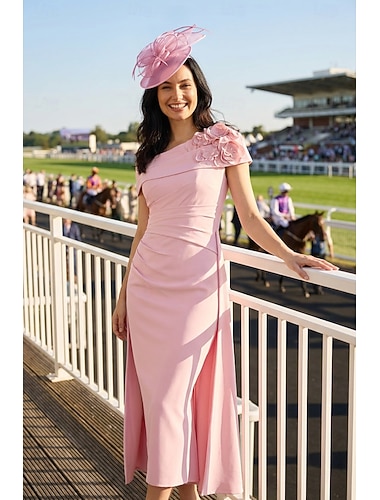  Fourreau Colonne Robe Longueur thé Robe de Soirée Robe de Cocktail Robe d'invité de mariage Robe de Mère de Mariée  Manche Courte Une Épaule Élégant ancien Formel Tissu Extensible avec Fronc