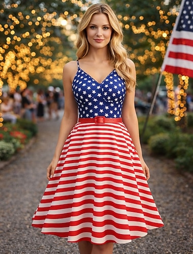  250. rocznica USA Południe Sukienka Bez rękawów Kantar Flaga USA W serek Strój na bal maskowy Damskie 250. rocznica USA 4 lipca Impreza Dla dorosłych Sukienka Lato