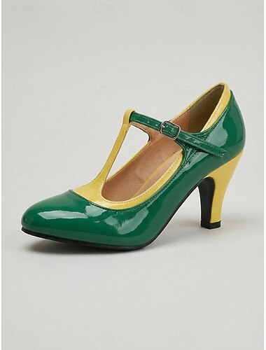  dames groen &Gele pumps met T-bandje, ronde neus, retro stijl, nette schoenen voor tuinfeesten en buitenevenementen &lente gelegenheden