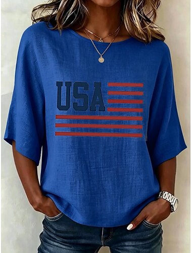  Ημέρα Αμερικανικής Ανεξαρτησίας Γυναικεία Καλοκαιρινές κορυφές Στάμπα Γραφική Σημαία Βίντατζ Καθημερινό Αμάνικο 3/4 Μήκος Μανικιού Στρογγυλή Ψηλή Λαιμόκοψη Κανονικά μπλουζάκια Causal Καθημερινά