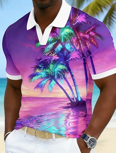  Herren Ombre Palme Hawaiianische Polohemden Kurzarm Polo-Shirts V Ausschnitt Lässig Resort Athleisure Alltagskleidung Urlaubskleidung 3D-Druck Frühling & Sommer Blau Rosa Purpur