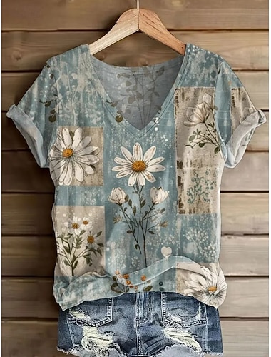  Dámské Tričko Tisk Květinový Grafika Rostliny Vinobraní stylové Klasické Krátký rukáv Do V Dlouhé topy Denní Víkend Vodní modrá Žlutá Světlá růžová Oranžová Léto Jaro