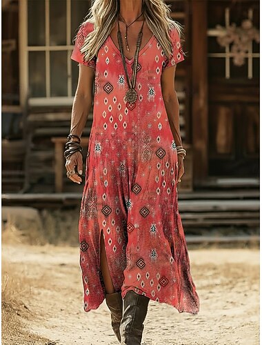  Per donna Abito Midi Abito Boho Vestito Casual Abito a trapezio Abito Stampato Vintage All'aperto Vacanza Weekend Vestibilità comoda Grafico Blocco di colori Manica Corta Scollo a V Fucsia Estate