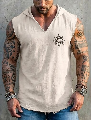  Débardeur à capuche sans manches pour homme, imprimé tribal en spirale, style bohème céleste vintage, ourlet brut effiloché, coupe ample, idéal pour l'été, la plage et les festivals. Tailles S, M, L,