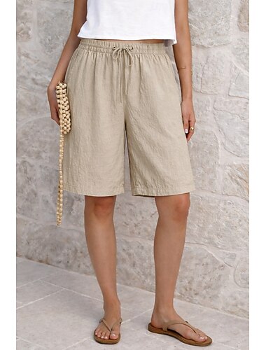  Mulheres Bermudas Calção Shorts de verão Shorts de praia Férias Moda Casual Diário Comprimento do joelho Cintura Alta Côr Sólida Tecido Com Cordão Bolsos Cintura elástica Conforto Leve Macio Sem