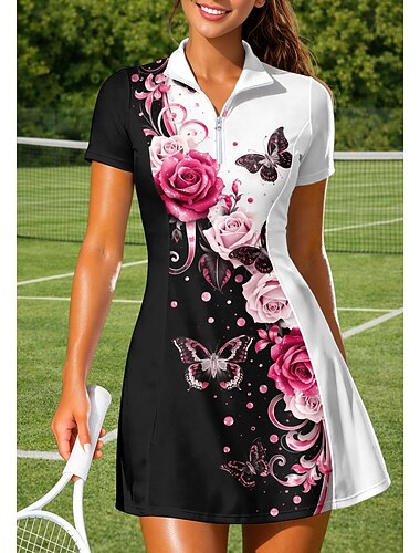  نسائي النباتية فستان رياضي فستان بولو للتنس كم قصير ربع الرمز البريدي مطاط يلف العرق متنفس الكرة الطائرة تينس الغولف طوي طوق بسحاب الفساتين أسود ملابس التنس