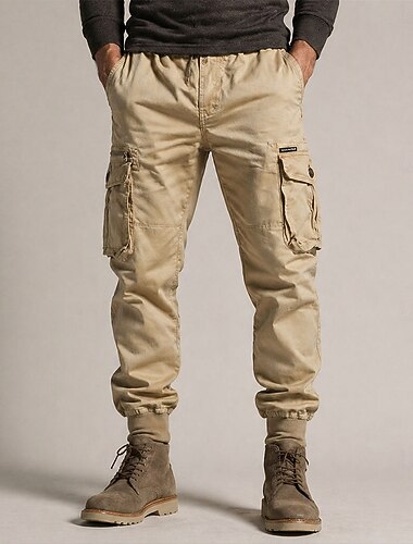  Pantalon cargo homme – bas de jambes élastiqués, taille élastiquée avec cordon de serrage, multipoches, confortable, décontracté &Pantalon d'extérieur tendance, noir/kaki, micro-élastique