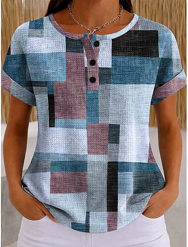  Γυναικεία Μπλουζάκι Μπλοκ χρωμάτων Γραφική Γεωμετρικό Στυλάτο Κλασσικό Κοντομάνικο Στρογγυλή Ψηλή Λαιμόκοψη Κανονικά μπλουζάκια Causal Καθημερινά Θαλασσί Ρουμπίνι Βυσσινί Πράσινο του τριφυλλιού Χακί