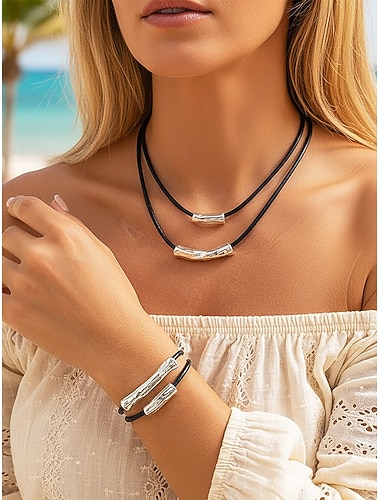  Sett med bohemsk halskjede og armbånd i legering til dame, lagdelte statement-smykker for strandferie, feriestedantrekk, uformelle sommerantrekk og hverdagsmote