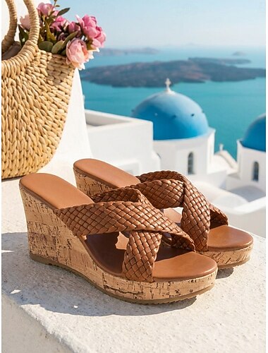  Bruine geweven sleehak sandalen voor dames - comfortabele espadrille platform muiltjes voor strandvakanties en eilanduitjes. &zomerse boho-stijl