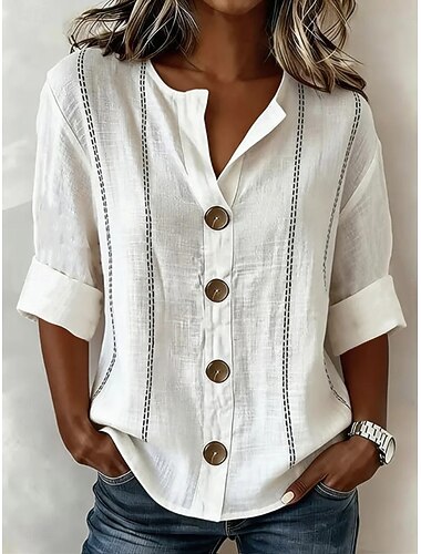  Dames Overhemd Tuniek Zomer tops Knop Grafisch Geometrisch Abstract Vakantie Dagelijks Lange mouw V-hals Lange tops Casual Dagelijks Feestdagen Wit Zomer Lente