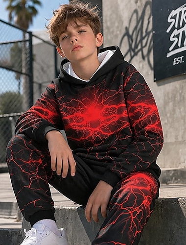 Jungen 3D Grafik Blitz Hoodie- und Jogginghosen-Set Sportanzug Trainingsanzüge Langarm 3D-Druck Frühling Herbst Sport Mode Lässig Kinder 4-12 Jahre Mit Kapuze Outdoor Straße Normale Passform