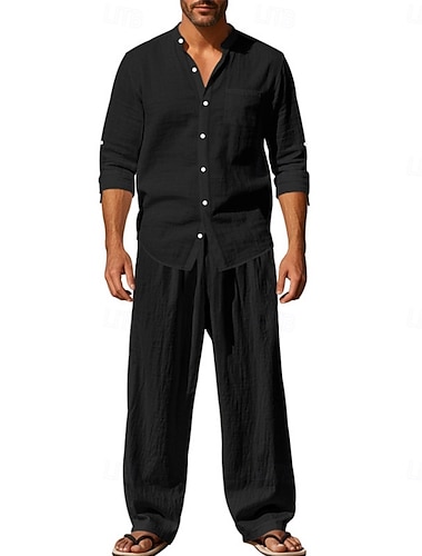  Herren Leinenhemd Zweiteilig Hemd Set Und Lose Leinenhosen Hose Set Einfach Täglich Outdoor Urlaub Großvaterkragen Langarm Sommer Frühling Mode Lässig Bequem Bekleidung