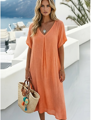  Damen Midikleid Baumwoll-Leinenkleid Mode Modern Outdoor Urlaub Ferien Lässiger Schnitt Einfach Kurzarm V Ausschnitt Königsblau Orange Grün Rosenrot Sommer Frühling